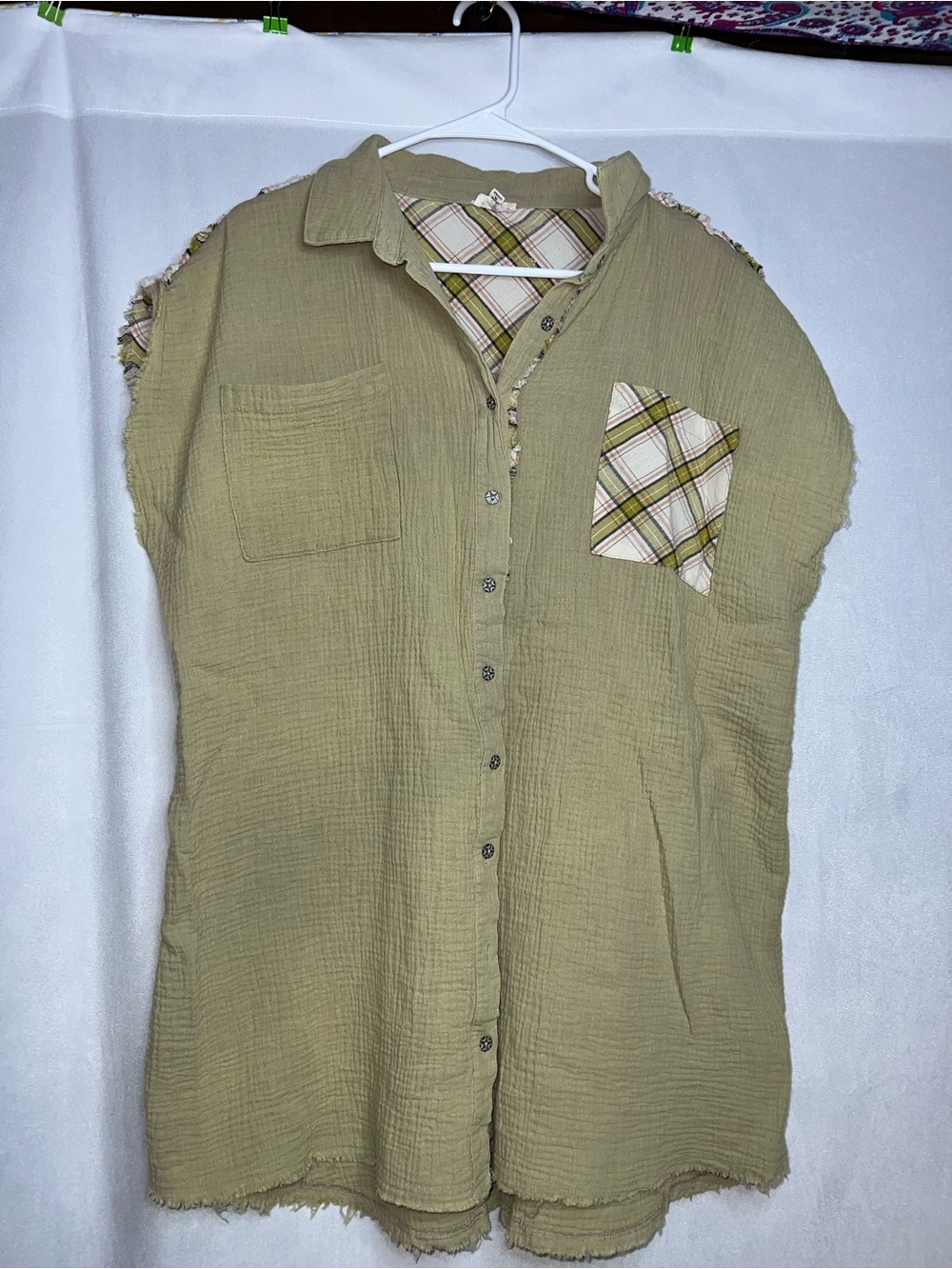 POL Large Women’s Midi Dress Sleeveless Olive Green Button-Up w/plaid PTP 27”